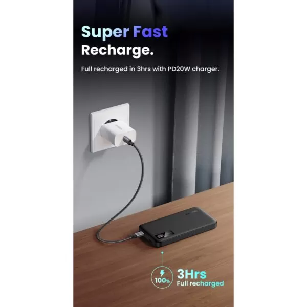 Top view of ugreen power bank 10000mAh showing USB-C and USB-A ports with LED status indicator. Designed for dual output and super fast charging.