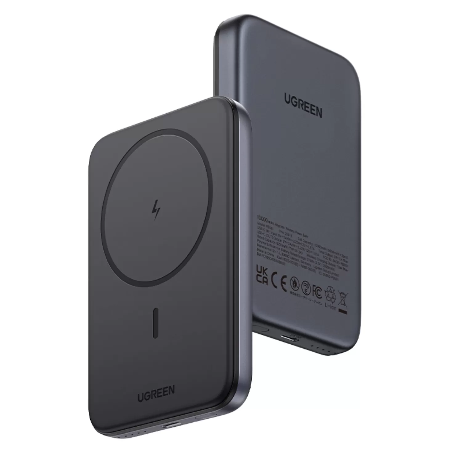 Angled view of UGREEN Nexode 10000mAh magnetic wireless charger – sleek grey finish with soft-touch surface