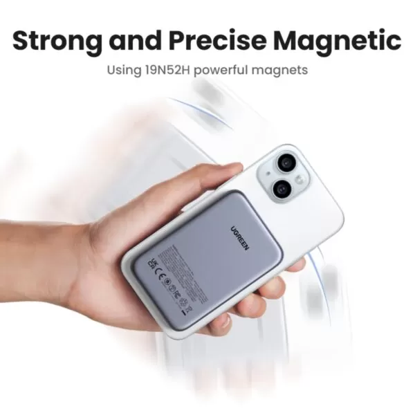 Back view of UGREEN 10000mAh power bank showing branding and product details – magnetic wireless charger in grey