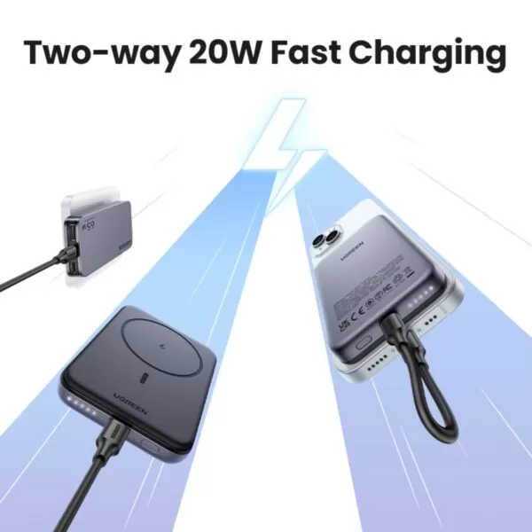UGREEN 10000mAh magnetic wireless power bank attached to iPhone – demonstrating MagSafe-compatible charging