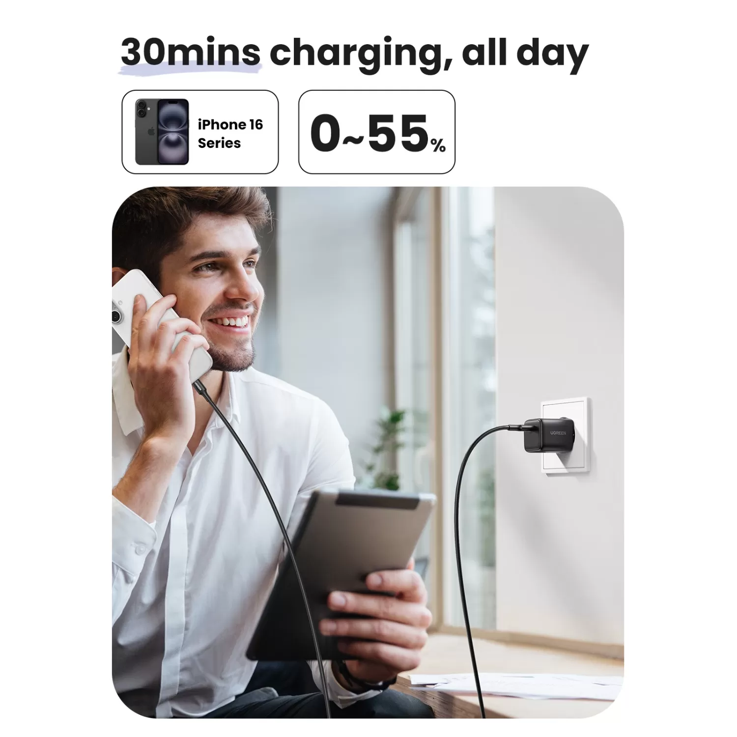 30W UGREEN PD Wall Charger with USB-C Cable – 1-Port Black - Image 7