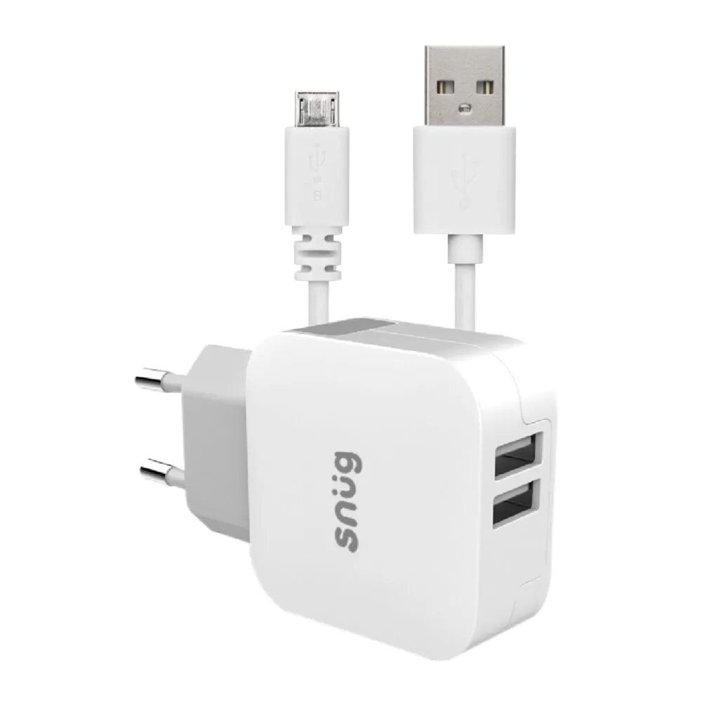 Universal Snug 12W 1.2 Meters 2 Port Wall Charger Cable Combo USB 2.0 to Micro USB White